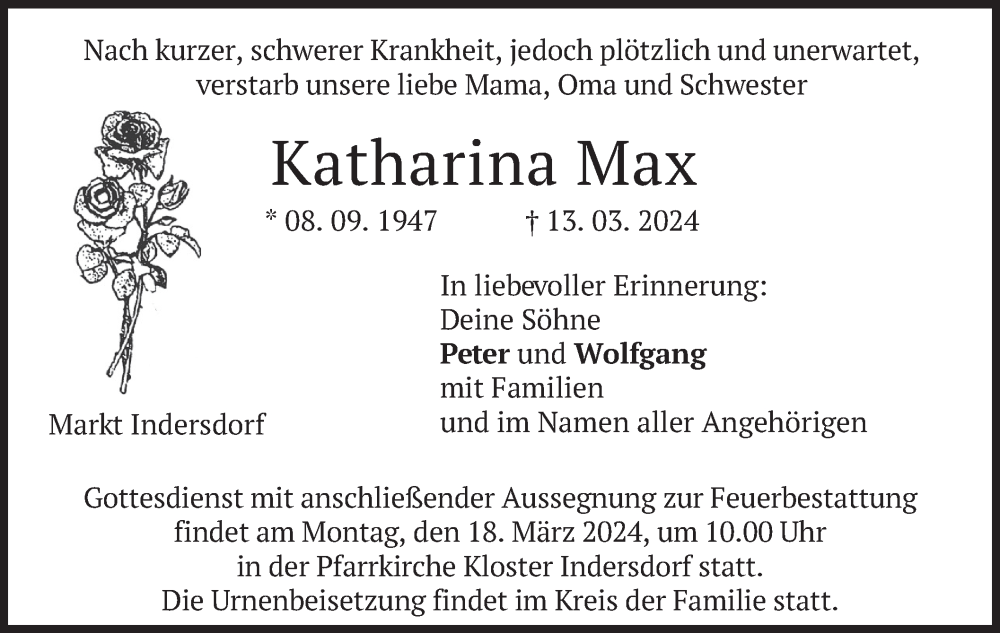  Traueranzeige für Katharina Max vom 15.03.2024 aus merkurtz