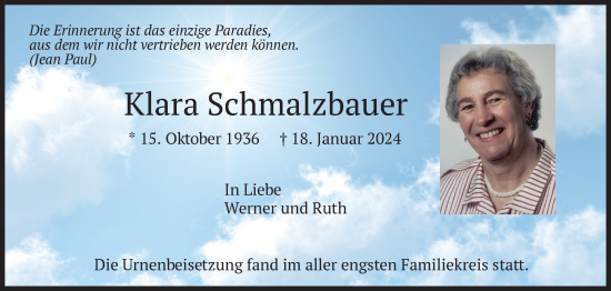 Traueranzeige von Klara Schmalzbauer von merkurtz