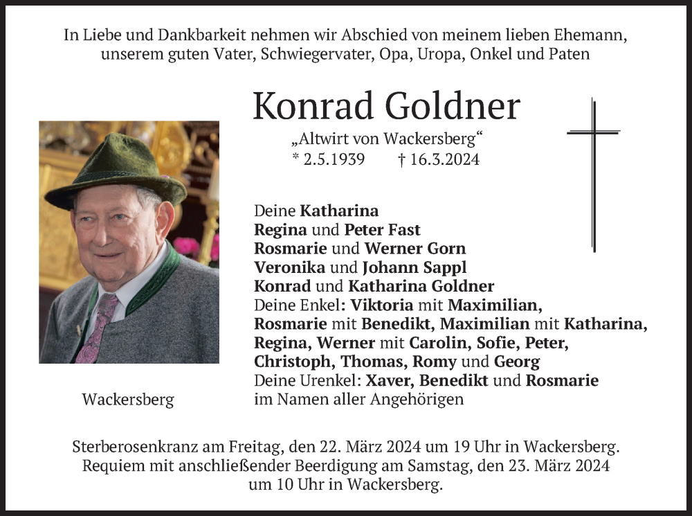  Traueranzeige für Konrad Goldner vom 20.03.2024 aus merkurtz