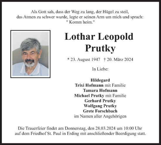 Traueranzeige von Lothar Leopold Prutky von merkurtz