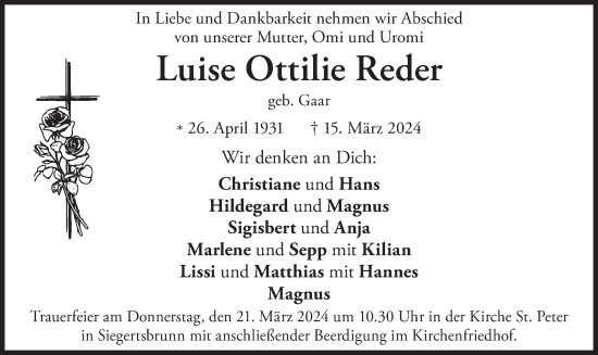 Traueranzeige von Luise Ottilie Reder von merkurtz
