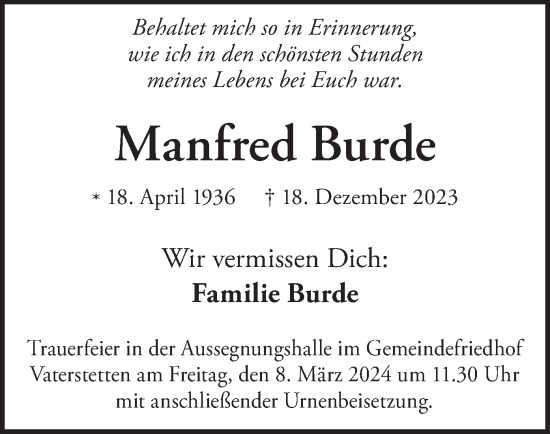 Traueranzeige von Manfred Burde von merkurtz