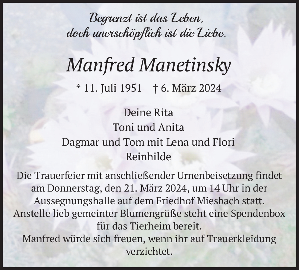  Traueranzeige für Manfred Manetinsky vom 16.03.2024 aus merkurtz