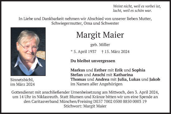 Traueranzeige von Margit Maier von merkurtz