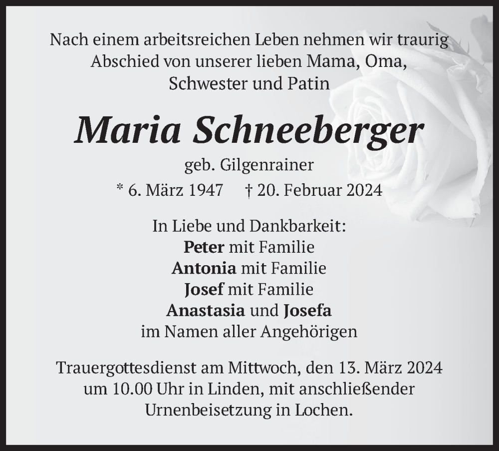  Traueranzeige für Maria Schneeberger vom 09.03.2024 aus merkurtz