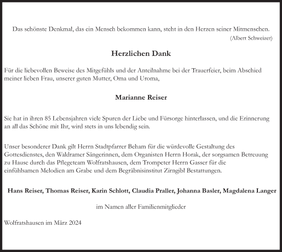 Traueranzeige von Marianne Reiser von merkurtz