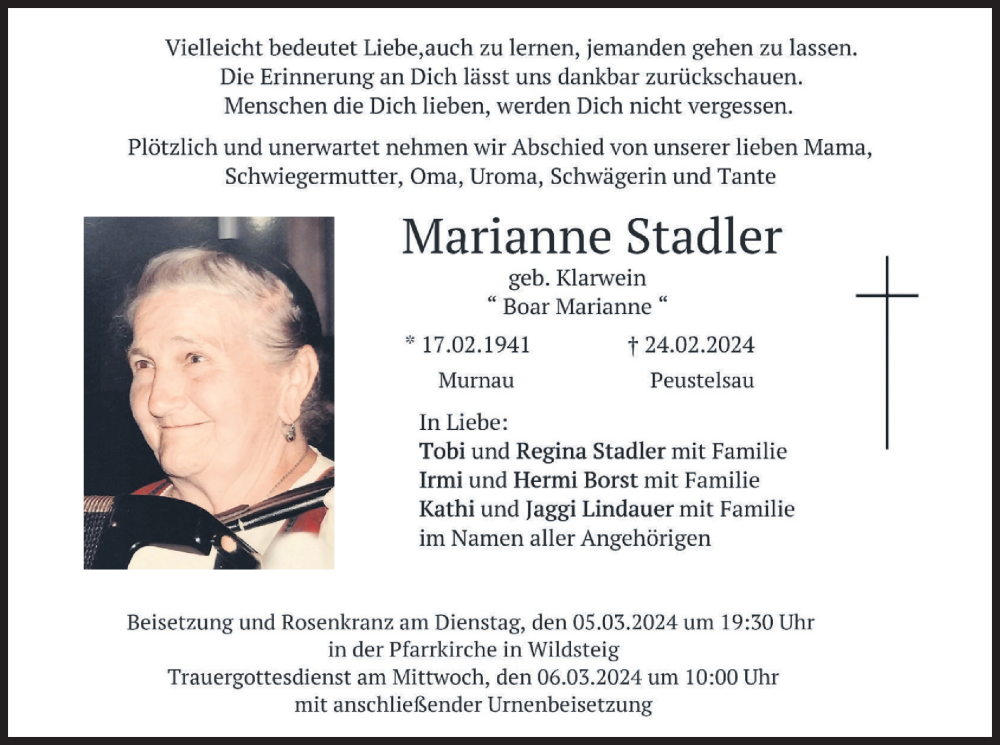 Traueranzeige für Marianne Stadler vom 02.03.2024 aus merkurtz