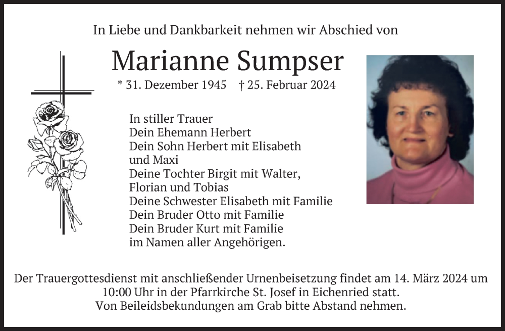 Traueranzeige für Marianne Sumpser vom 09.03.2024 aus merkurtz