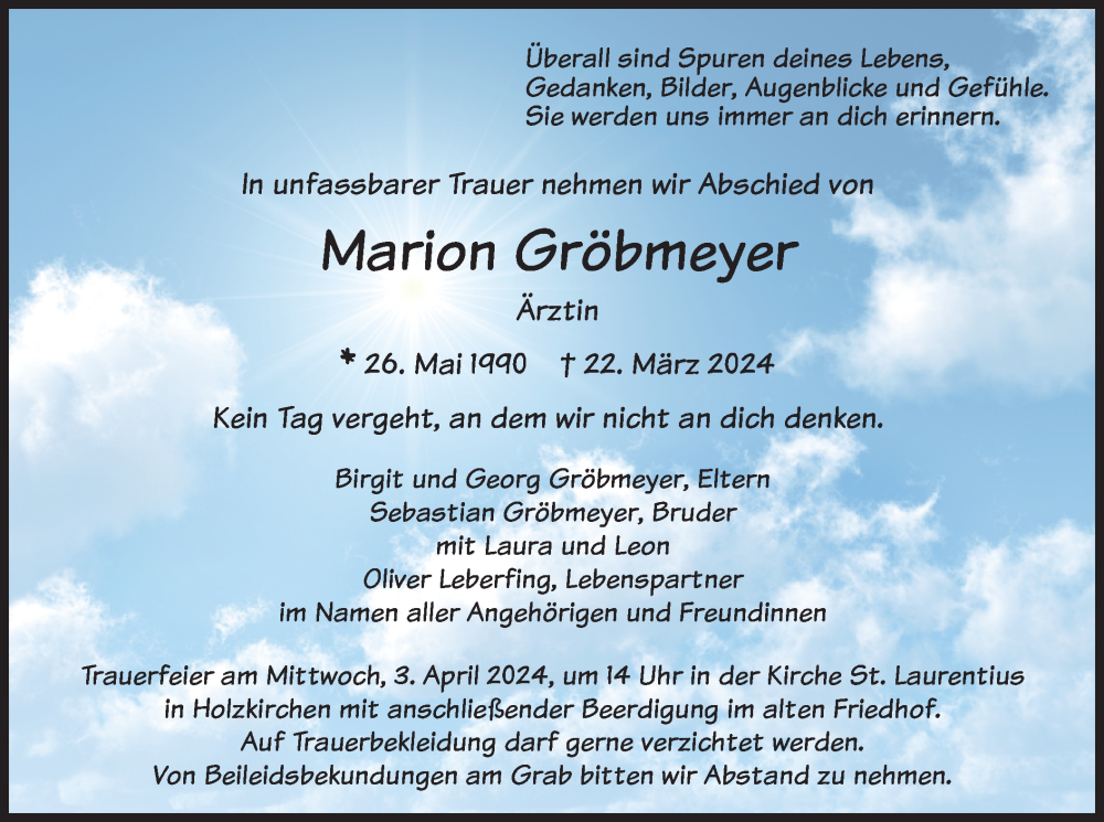 Traueranzeige für Marion Gröbmeyer vom 30.03.2024 aus merkurtz