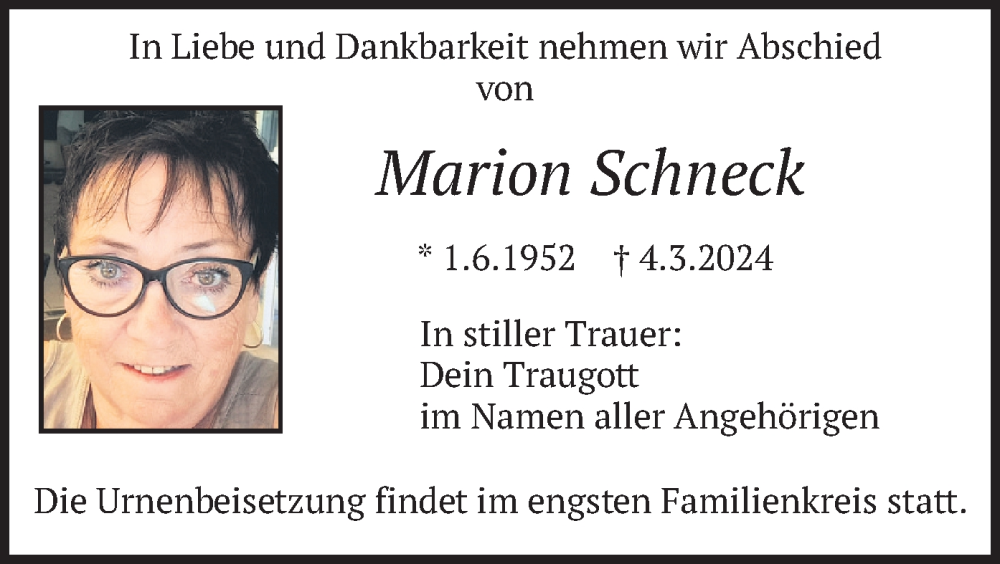  Traueranzeige für Marion Schneck vom 09.03.2024 aus merkurtz