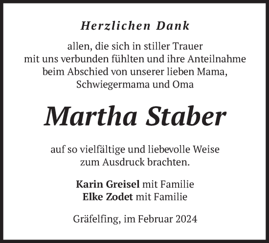 Traueranzeige von Martha Staber von merkurtz