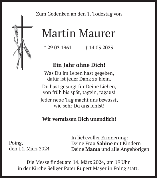 Traueranzeige von Martin Maurer von merkurtz