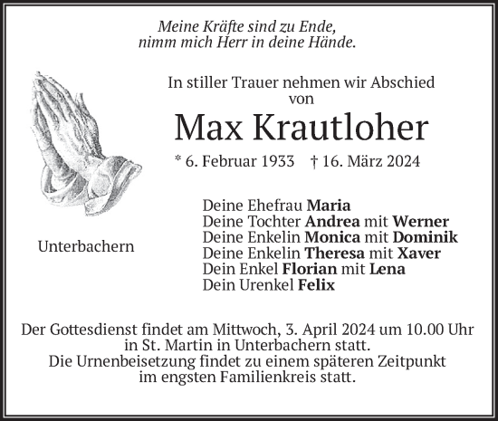 Traueranzeige von Max Krautloher von merkurtz