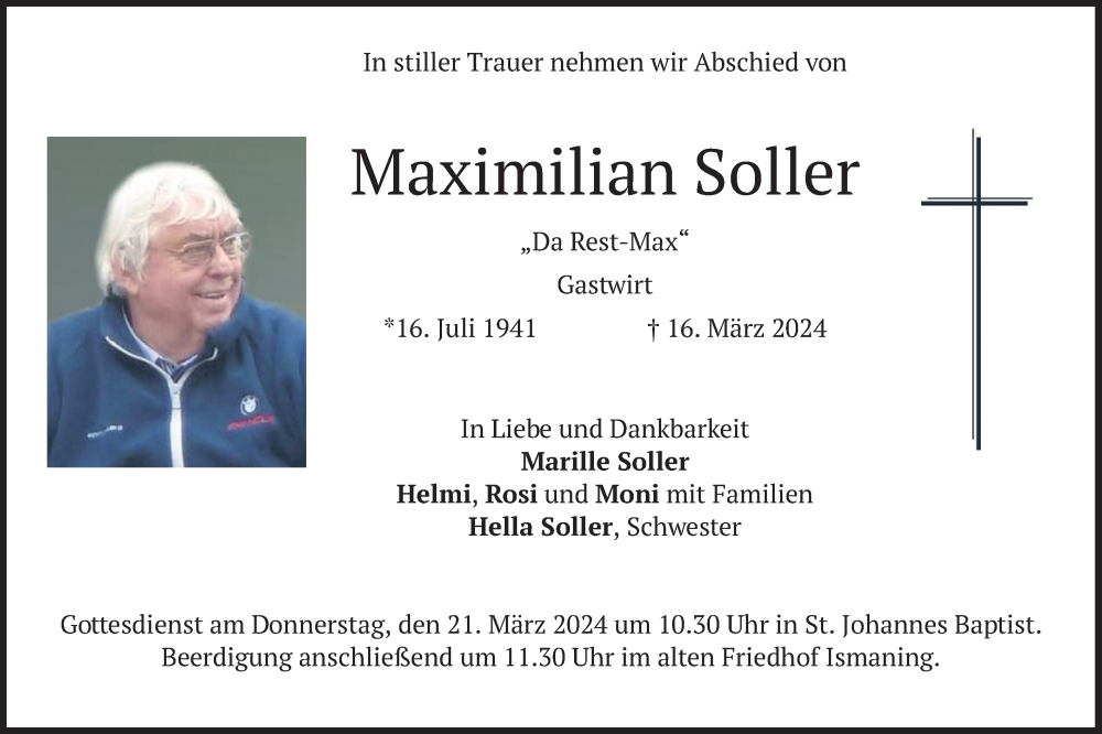  Traueranzeige für Maximilian Soller vom 19.03.2024 aus merkurtz