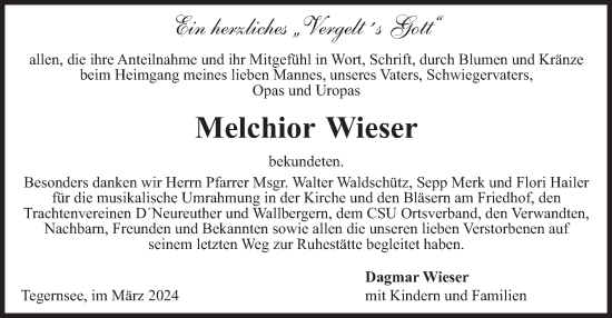 Traueranzeige von Melchior Wieser von merkurtz