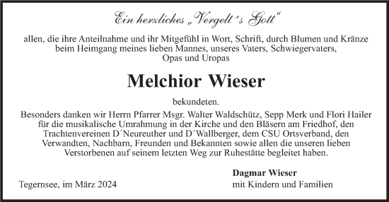 Traueranzeige von Melchior Wieser von merkurtz