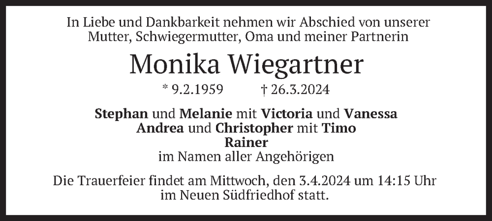  Traueranzeige für Monika Wiegartner vom 28.03.2024 aus merkurtz