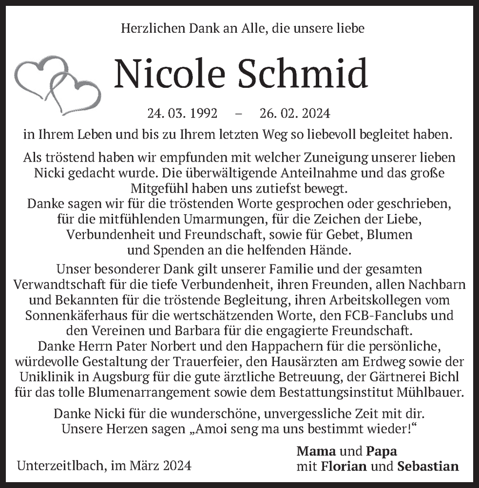  Traueranzeige für Nicole Schmid vom 16.03.2024 aus merkurtz