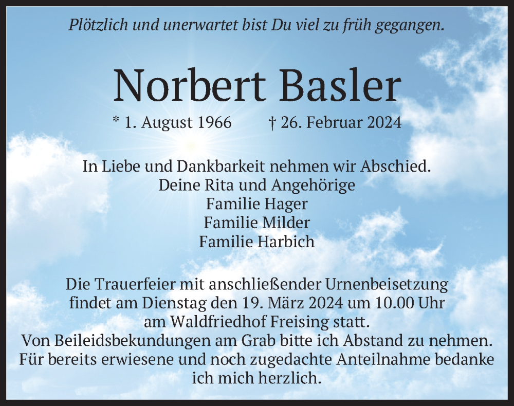  Traueranzeige für Norbert Basler vom 16.03.2024 aus merkurtz