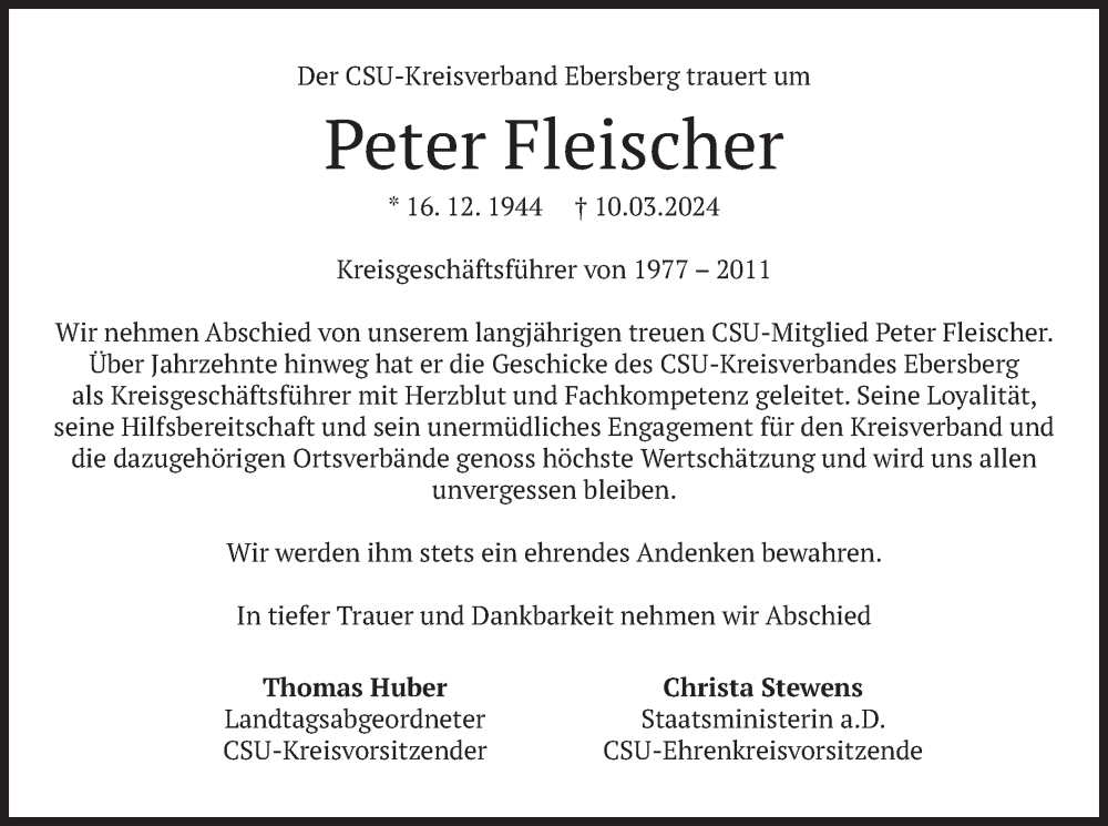  Traueranzeige für Peter Fleischer vom 20.03.2024 aus merkurtz