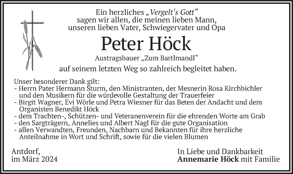  Traueranzeige für Peter Höck vom 09.03.2024 aus merkurtz