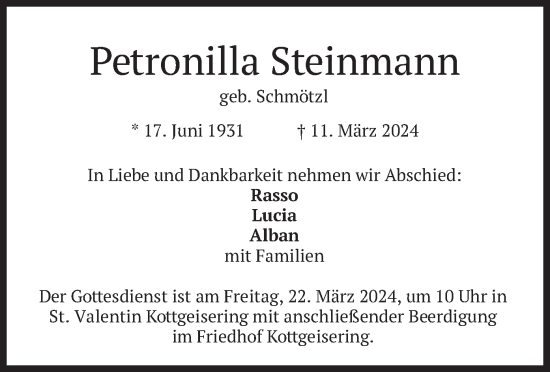 Traueranzeige von Petronilla Steinmann von merkurtz