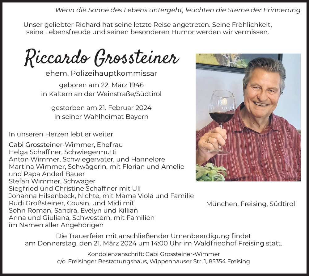  Traueranzeige für Riccardo Grossteiner vom 16.03.2024 aus merkurtz