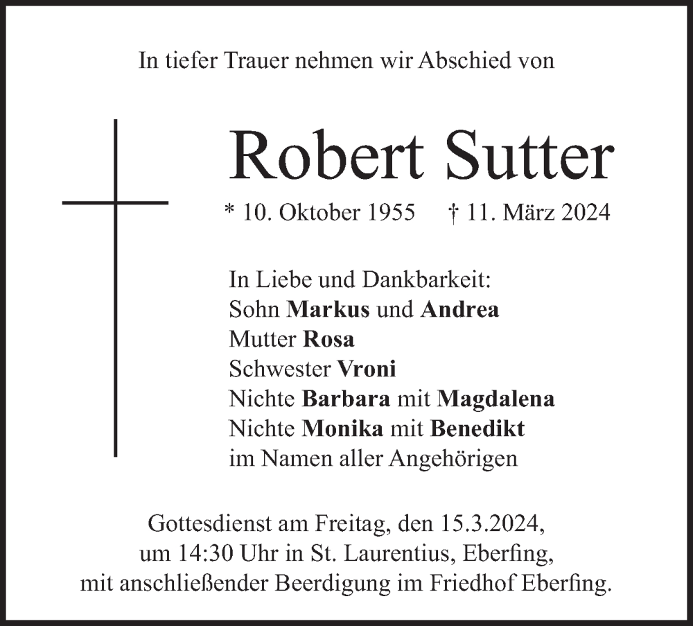  Traueranzeige für Robert Sutter vom 13.03.2024 aus merkurtz