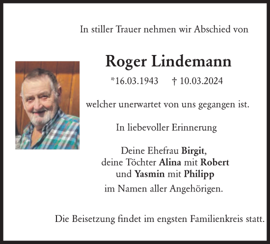 Traueranzeige von Roger Lindemann von merkurtz
