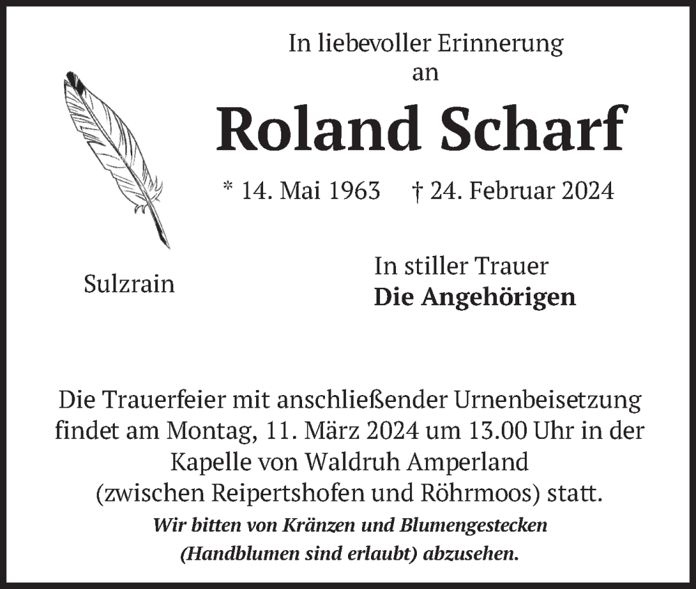  Traueranzeige für Roland Scharf vom 02.03.2024 aus merkurtz