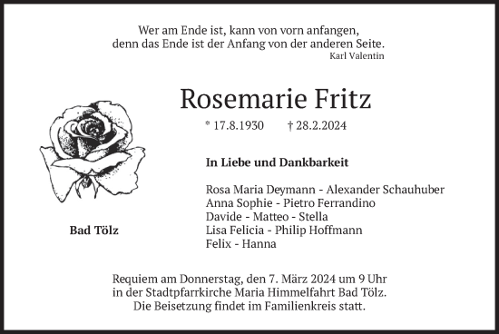 Traueranzeige von Rosemarie Fritz von merkurtz