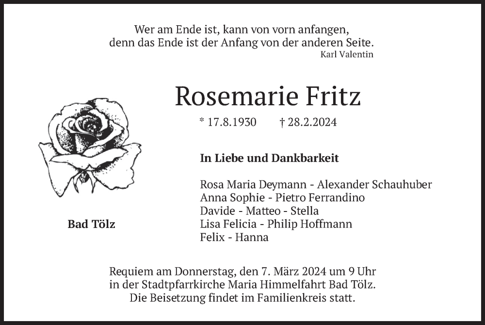  Traueranzeige für Rosemarie Fritz vom 02.03.2024 aus merkurtz