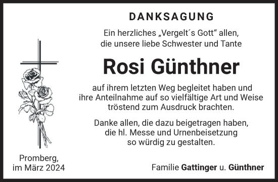 Traueranzeige von Rosi Günthner von Das Gelbe Blatt Penzberg