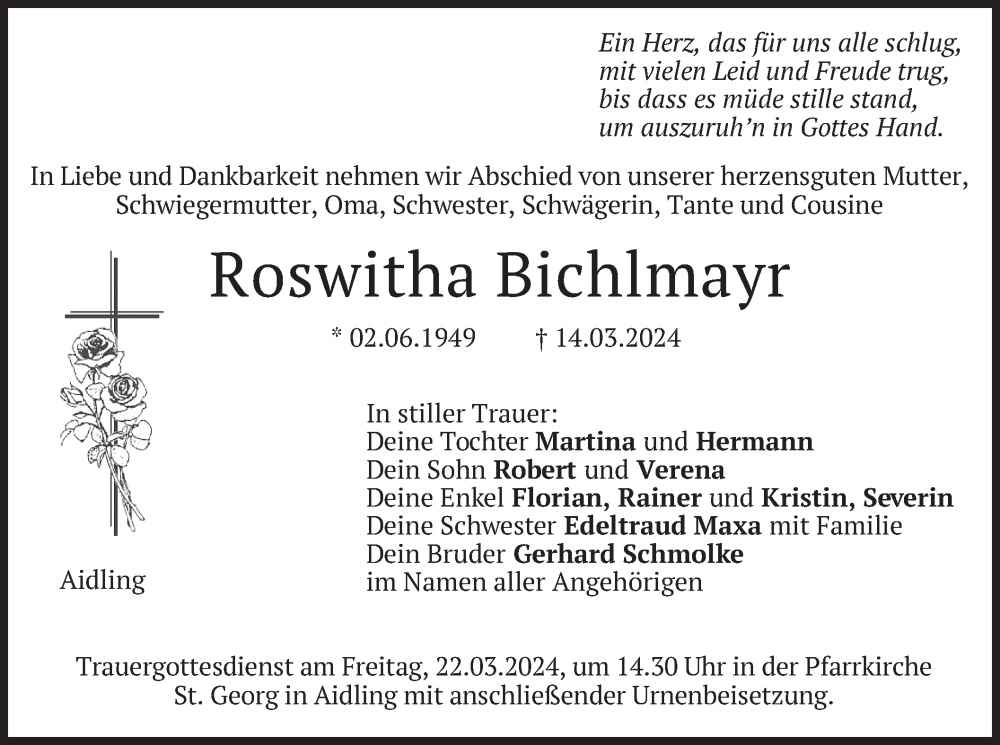  Traueranzeige für Roswitha Bichlmayr vom 19.03.2024 aus merkurtz