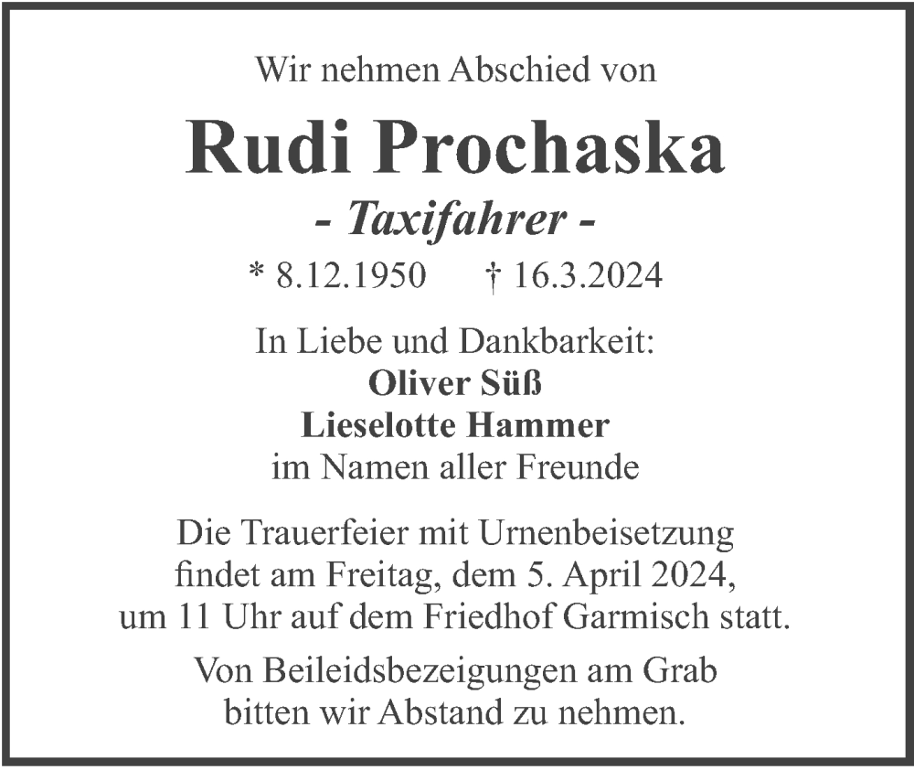  Traueranzeige für Rudi Prochaska vom 30.03.2024 aus merkurtz
