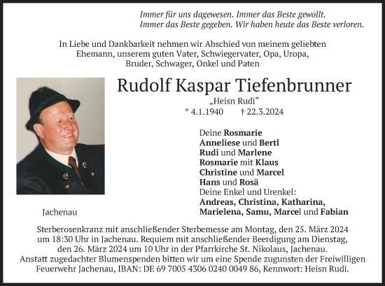 Traueranzeige von Rudolf Kaspar Tiefenbrunner von merkurtz