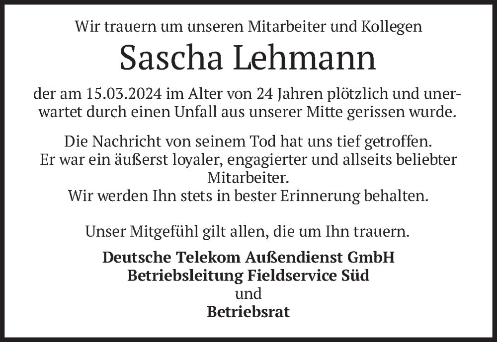  Traueranzeige für Sascha Lehmann vom 26.03.2024 aus merkurtz