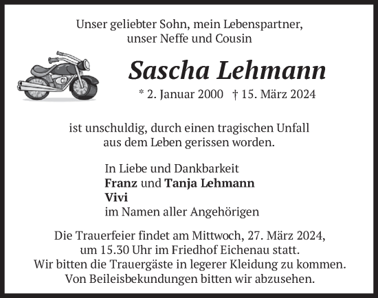 Traueranzeige von Sascha Lehmann von merkurtz