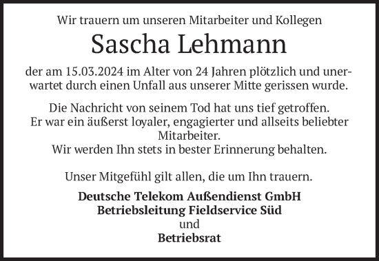 Traueranzeige von Sascha Lehmann von merkurtz