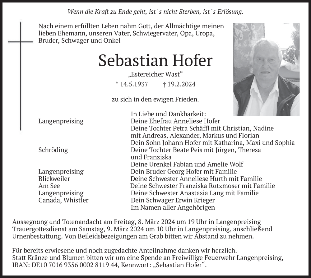  Traueranzeige für Sebastian Hofer vom 06.03.2024 aus merkurtz
