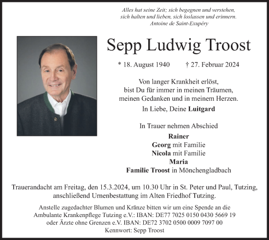 Traueranzeige von Sepp Ludwig Troost von merkurtz