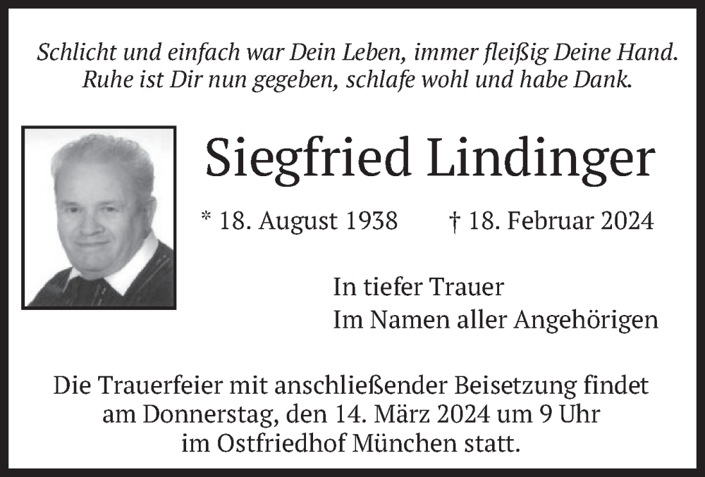  Traueranzeige für Siegfried Lindinger vom 09.03.2024 aus merkurtz