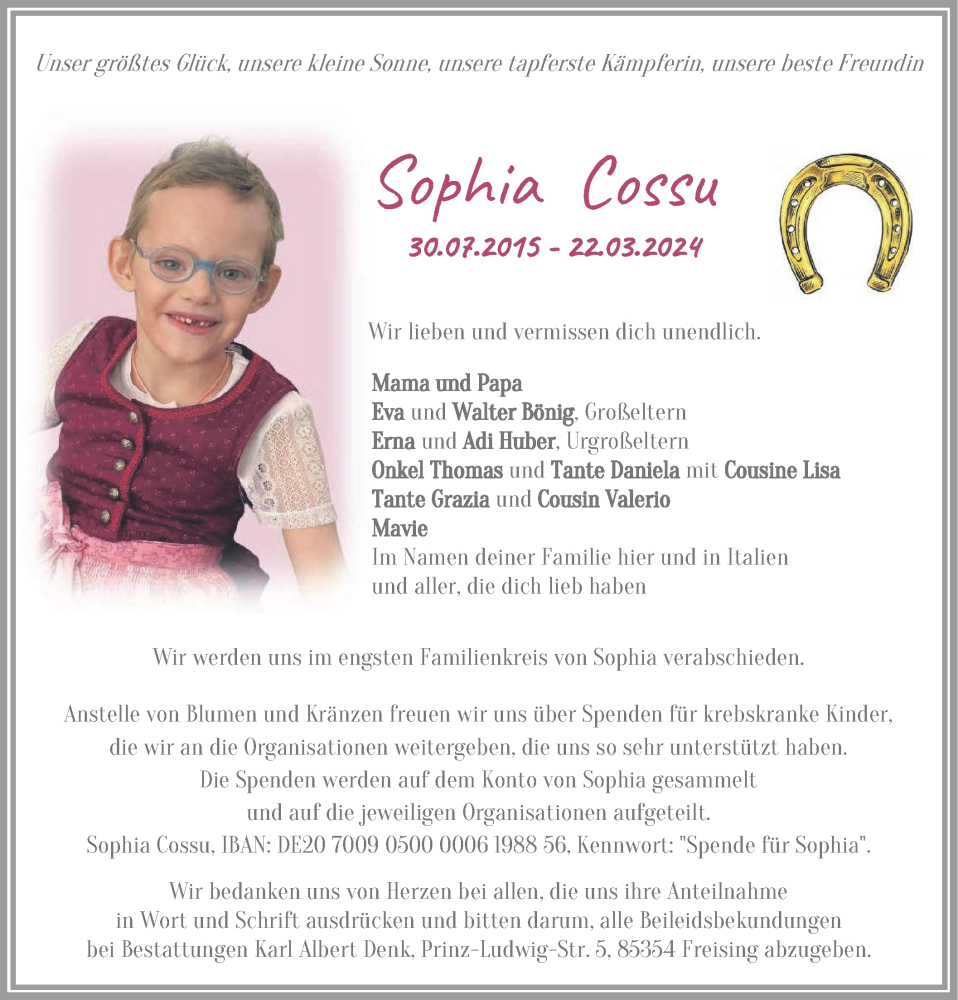  Traueranzeige für Sophia Cossu vom 30.03.2024 aus merkurtz