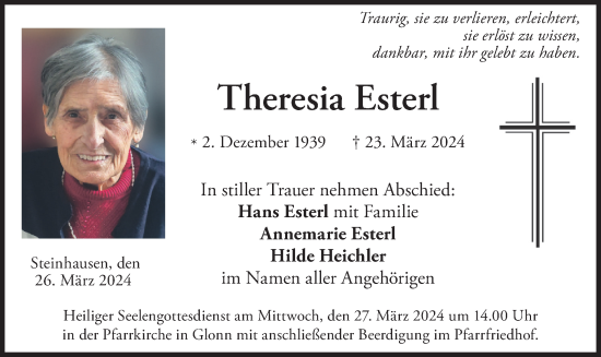 Traueranzeige von Theresia Esterl von merkurtz