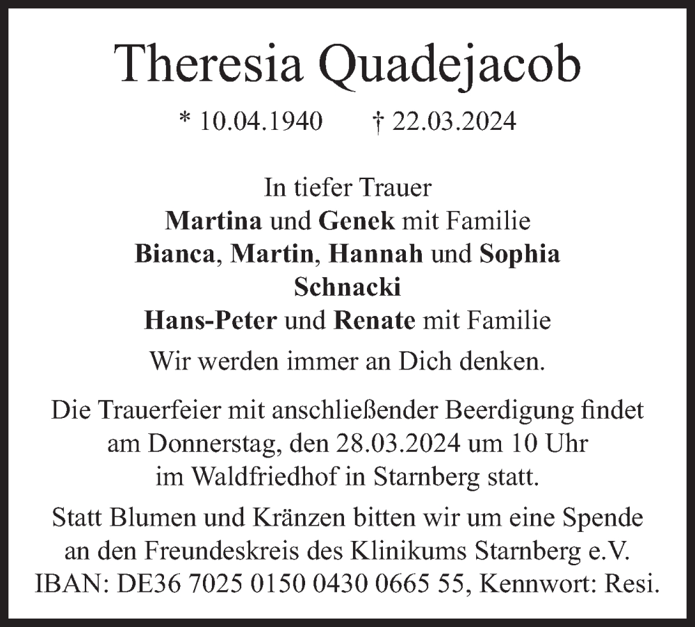  Traueranzeige für Theresia Quadejacob vom 26.03.2024 aus merkurtz