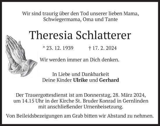Traueranzeige von Theresia Schlatterer von merkurtz