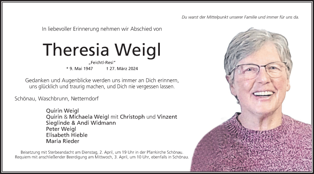  Traueranzeige für Theresia Weigl vom 30.03.2024 aus merkurtz