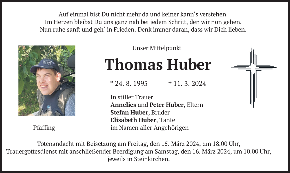  Traueranzeige für Thomas Huber vom 13.03.2024 aus merkurtz