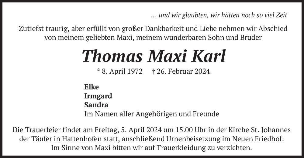  Traueranzeige für Thomas Maxi Karl vom 30.03.2024 aus merkurtz