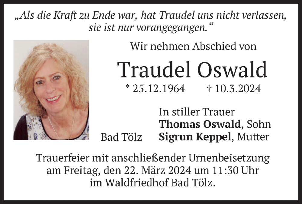  Traueranzeige für Traudel Oswald vom 16.03.2024 aus merkurtz